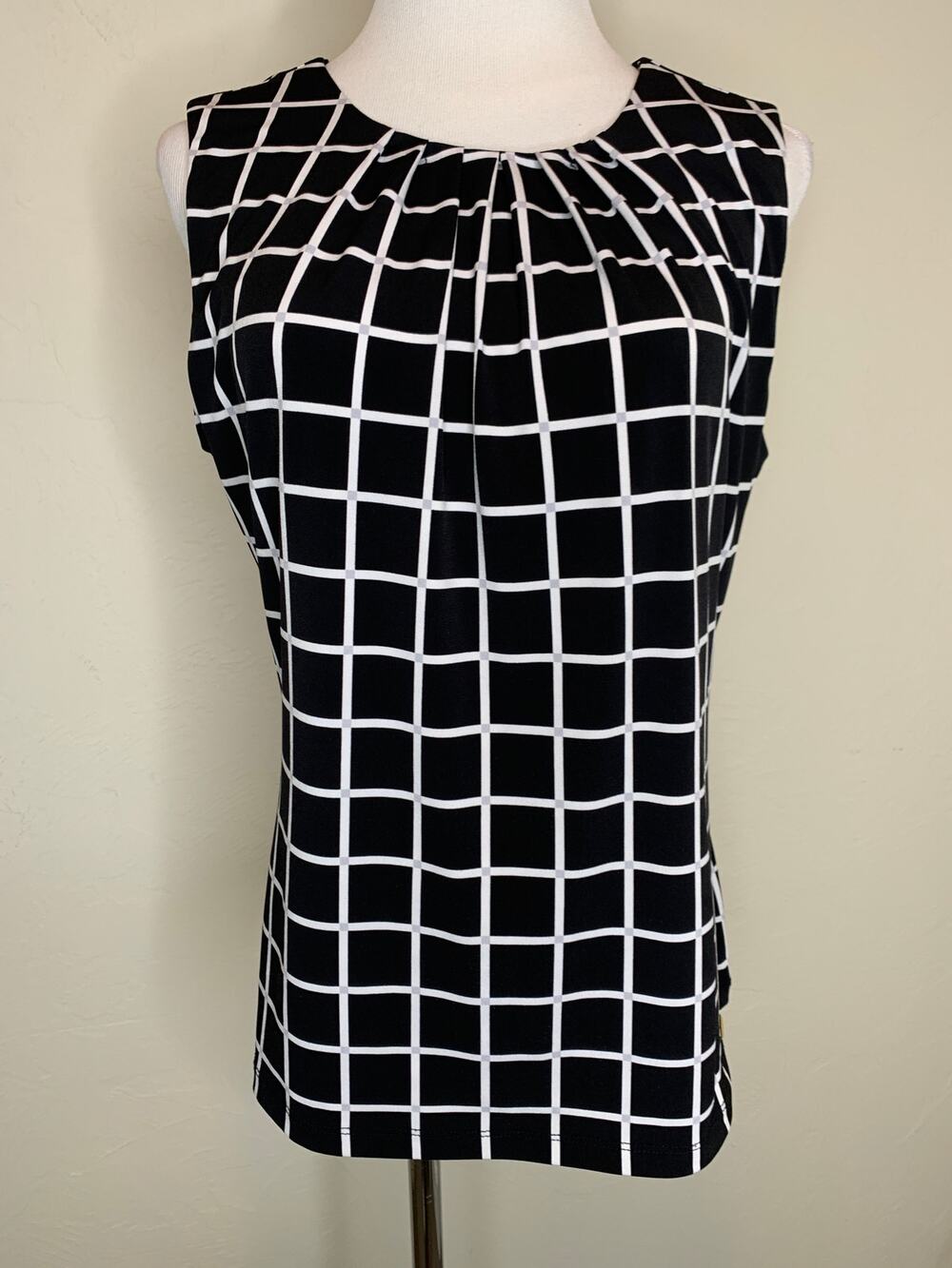 Calvin Klein Black White Windowpane Print Stretch Blouse Sz Medium